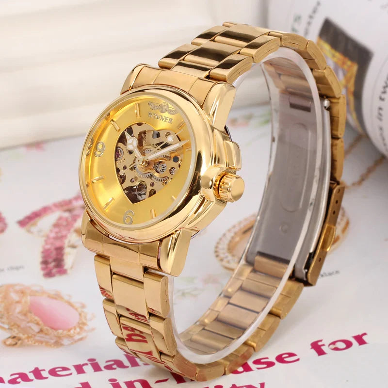 T-Winner Women’s Skeleton Watch – Elegant Heart Design Dial, Stainless Steel Bracelet