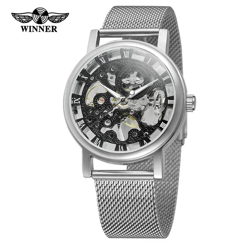 T-WINNER Men's Mechanical Skeleton Watch – Classic Stainless Steel Mesh Band Timepiece