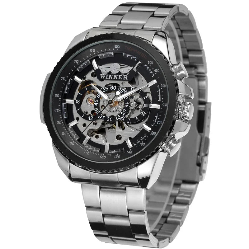 T-Winner Men’s Automatic Mechanical Skeleton Watch – Stainless Steel Band, Roman Dial