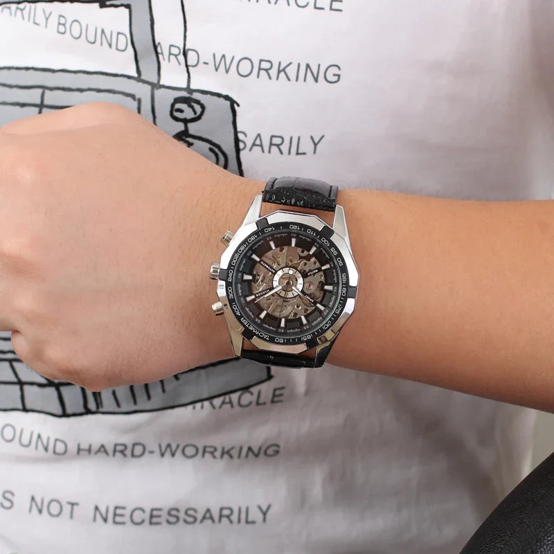 T-Winner Men’s Skeleton Automatic Watch – Luxury Mechanical Timepiece with Leather Strap