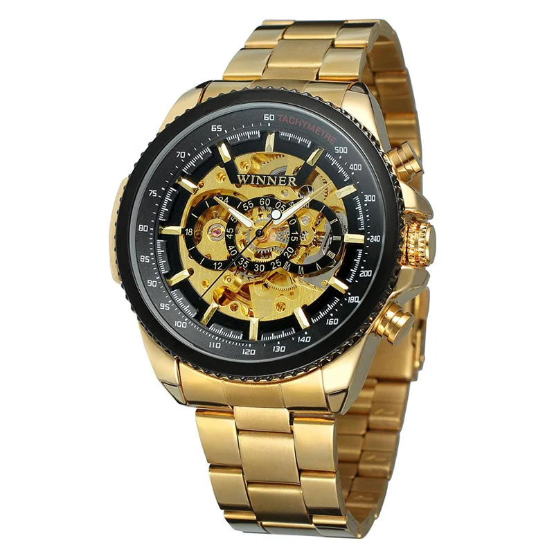 T-Winner Men’s Automatic Mechanical Skeleton Watch – Stainless Steel Band, Roman Dial