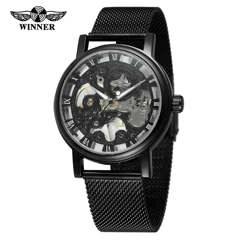 T-WINNER Men's Mechanical Skeleton Watch – Classic Stainless Steel Mesh Band Timepiece