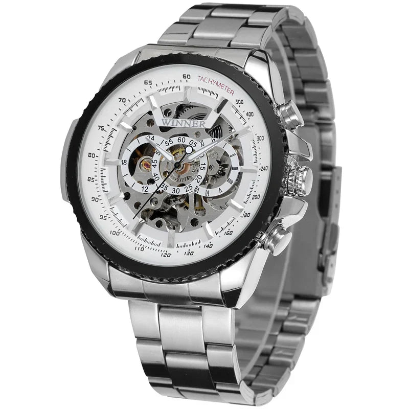 T-Winner Men’s Automatic Mechanical Skeleton Watch – Stainless Steel Band, Roman Dial