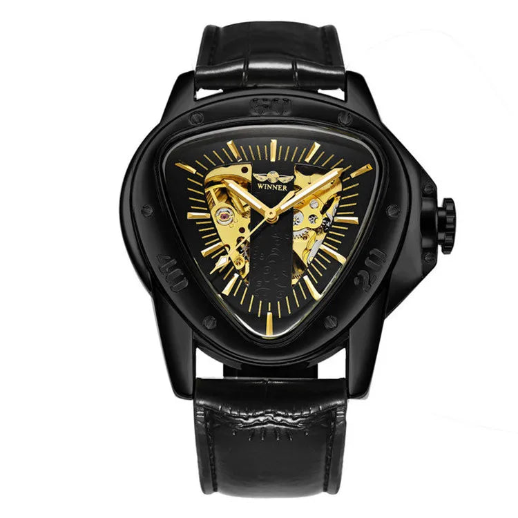 T-Winner Men’s Automatic Mechanical Racing Watch – Triangle Skeleton Leather Strap