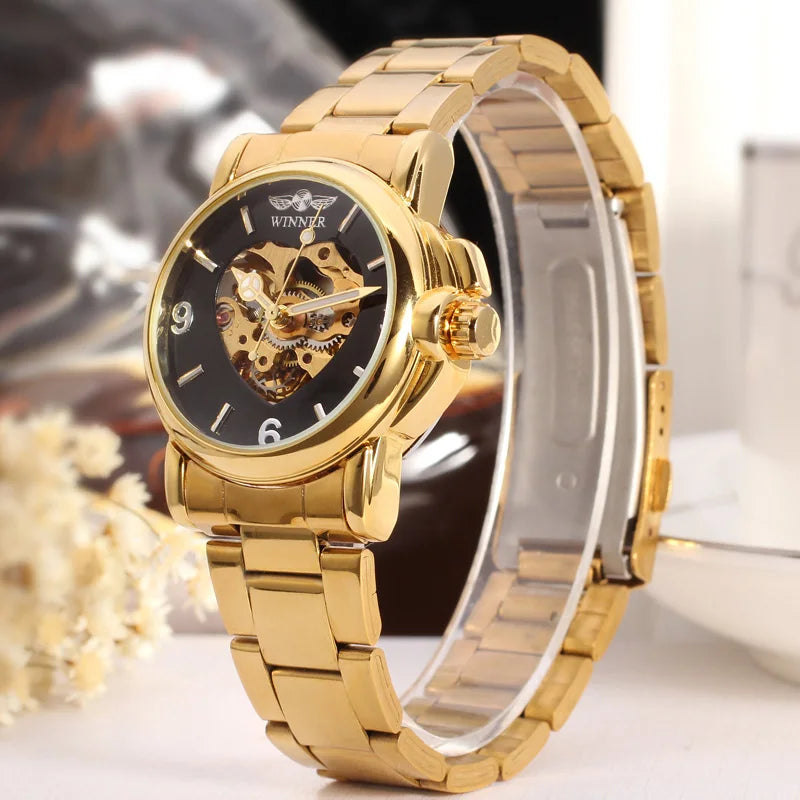 T-Winner Women’s Skeleton Watch – Elegant Heart Design Dial, Stainless Steel Bracelet