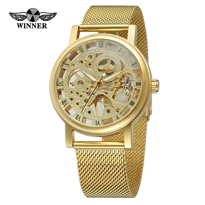 T-WINNER Men's Mechanical Skeleton Watch – Classic Stainless Steel Mesh Band Timepiece