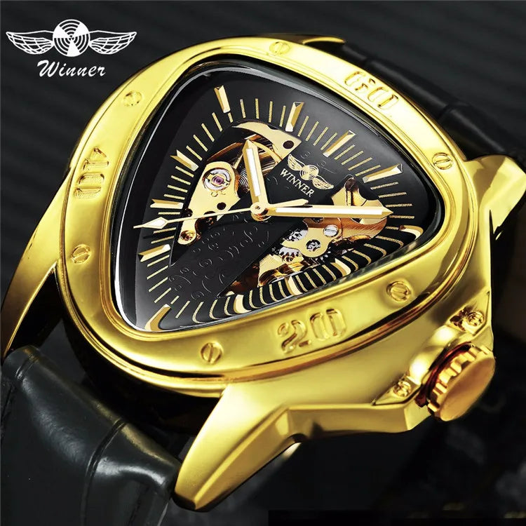 T-Winner Men’s Automatic Mechanical Racing Watch – Triangle Skeleton Leather Strap