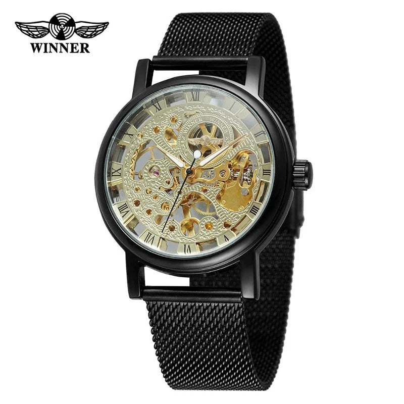 T-WINNER Men's Mechanical Skeleton Watch – Classic Stainless Steel Mesh Band Timepiece