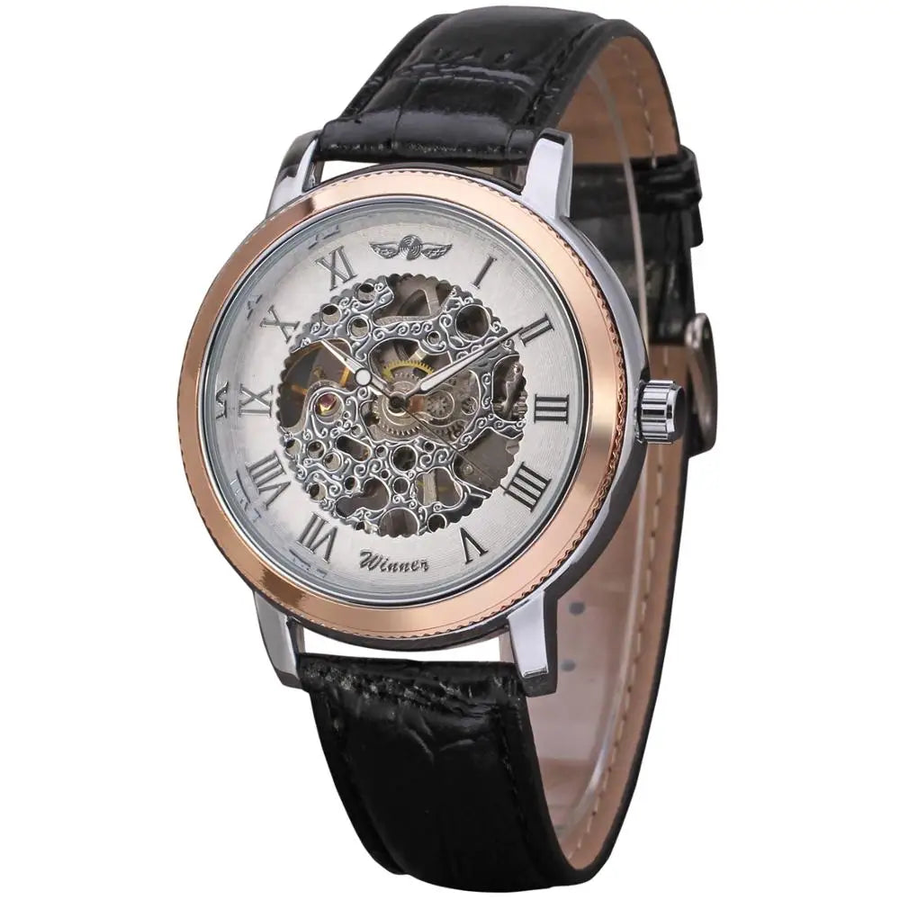 T-Winner Men's Skeleton Mechanical Watch – Leather Strap, Automatic Timepiece