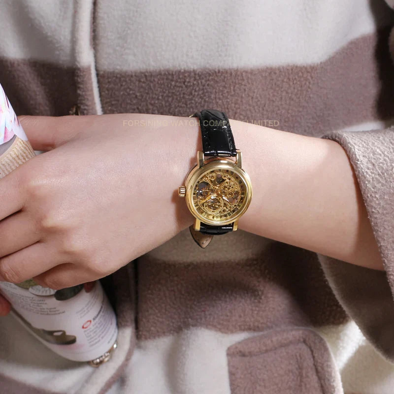 T-Winner Women's Skeleton Watch – Minimalist Leather Strap, Mechanical Timepiece