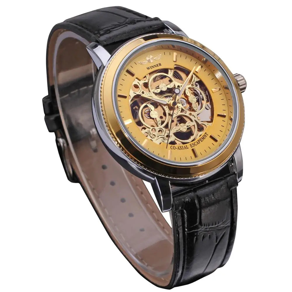 T-Winner Men's Skeleton Mechanical Watch – Leather Strap, Automatic Timepiece