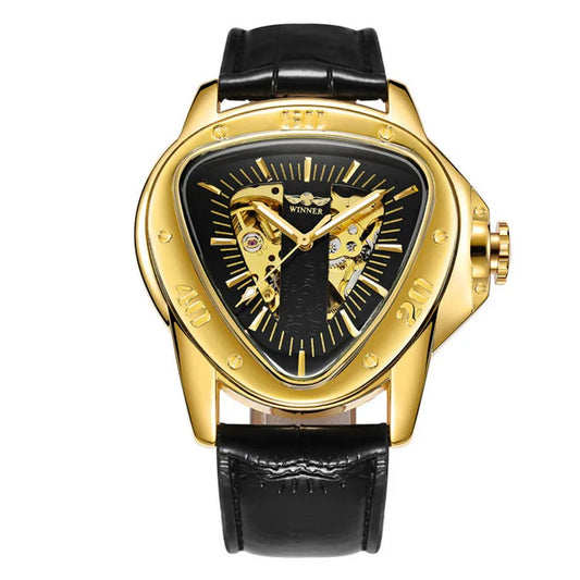 T-Winner Men’s Automatic Mechanical Racing Watch – Triangle Skeleton Leather Strap