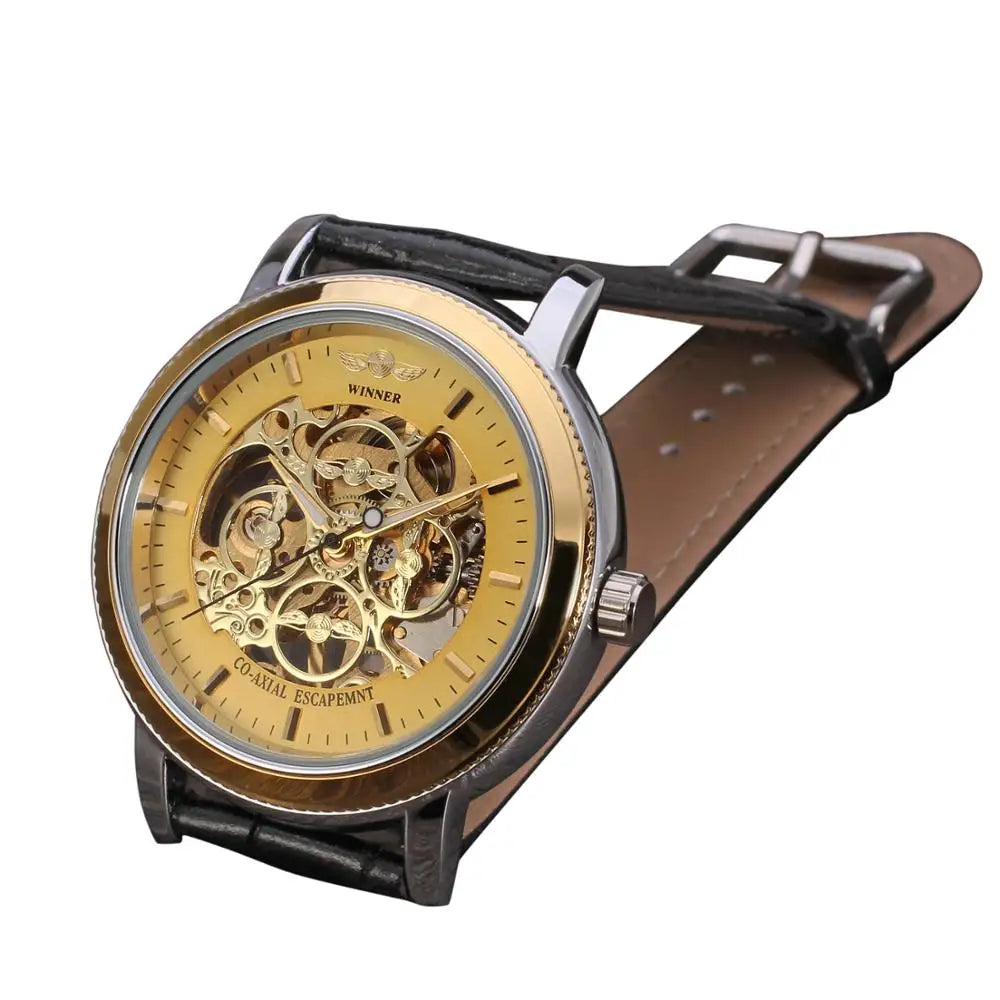 T-Winner Men's Skeleton Mechanical Watch – Leather Strap, Automatic Timepiece