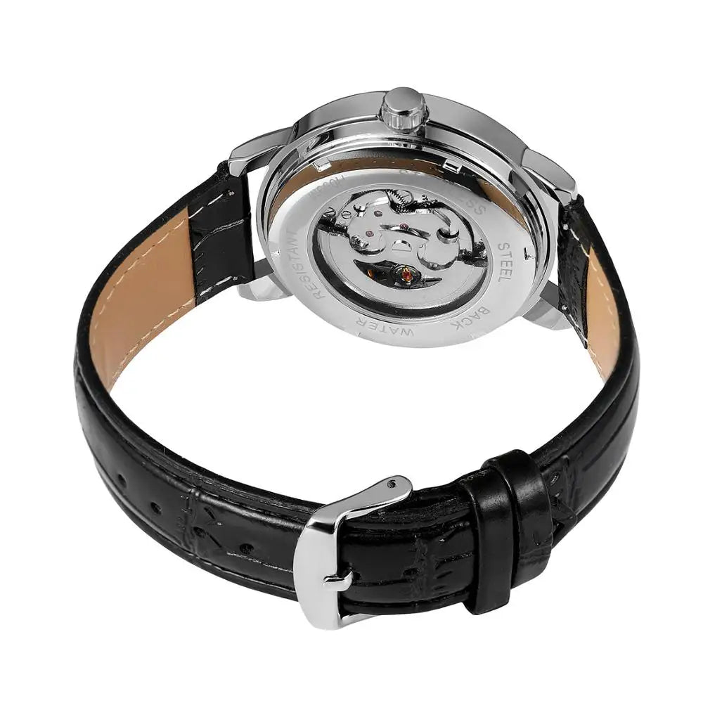 T-Winner Men’s Leather Automatic Mechanical Watch – Full Skeleton Hollow Design