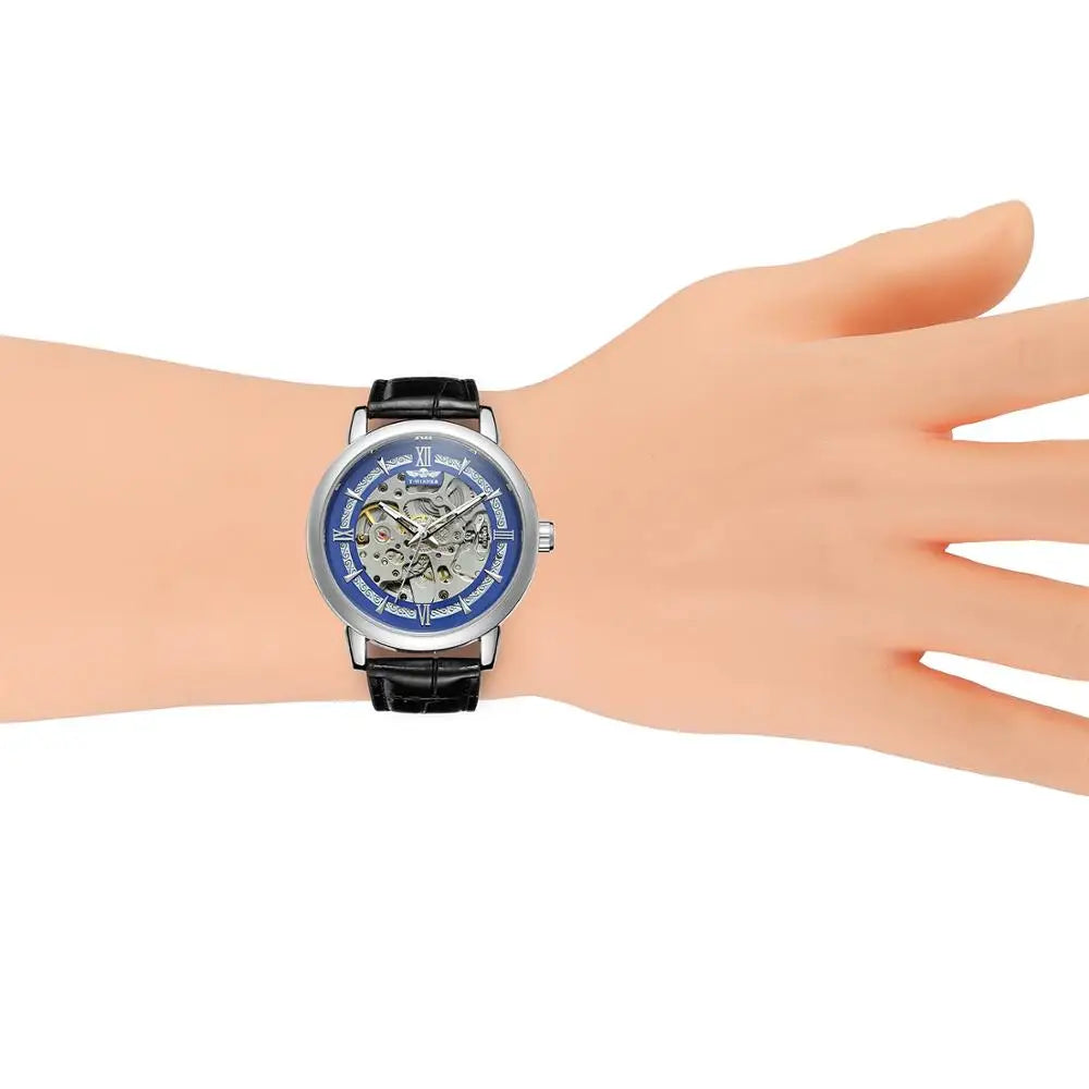 T-Winner Men’s Leather Automatic Mechanical Watch – Full Skeleton Hollow Design
