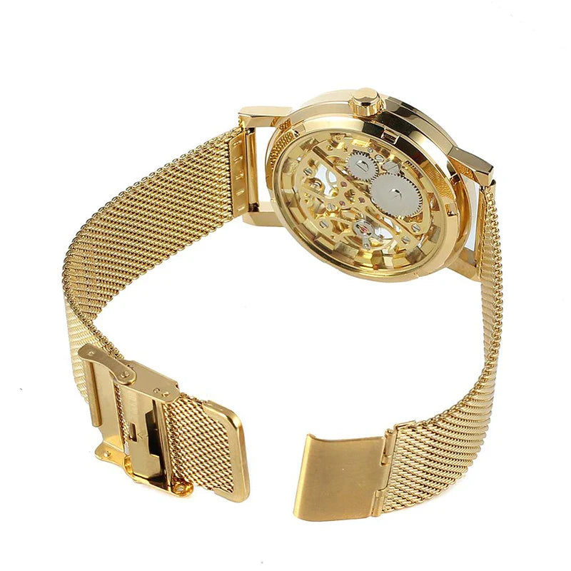 T-WINNER Men's Mechanical Skeleton Watch – Classic Stainless Steel Mesh Band Timepiece
