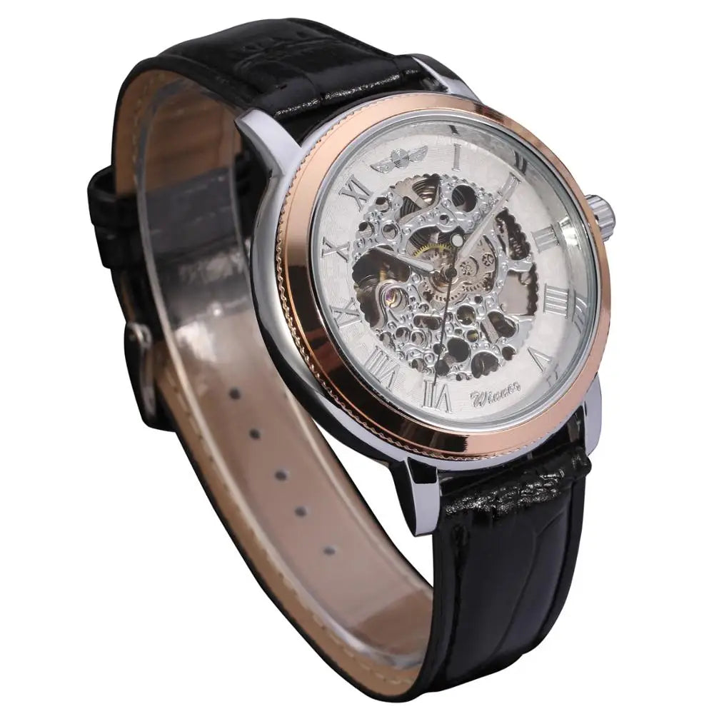 T-Winner Men's Skeleton Mechanical Watch – Leather Strap, Automatic Timepiece