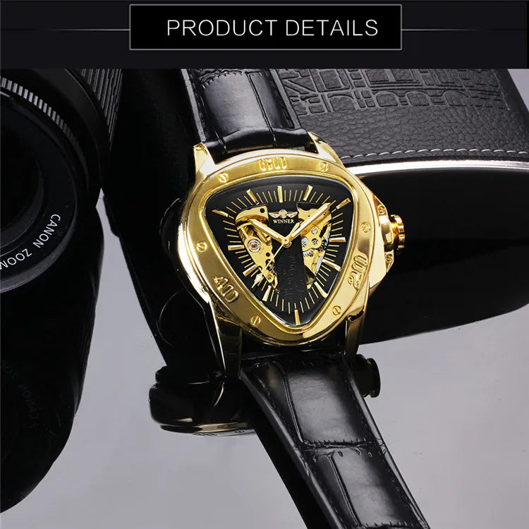 T-Winner Men’s Automatic Mechanical Racing Watch – Triangle Skeleton Leather Strap