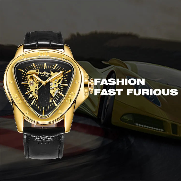 T-Winner Men’s Automatic Mechanical Racing Watch – Triangle Skeleton Leather Strap
