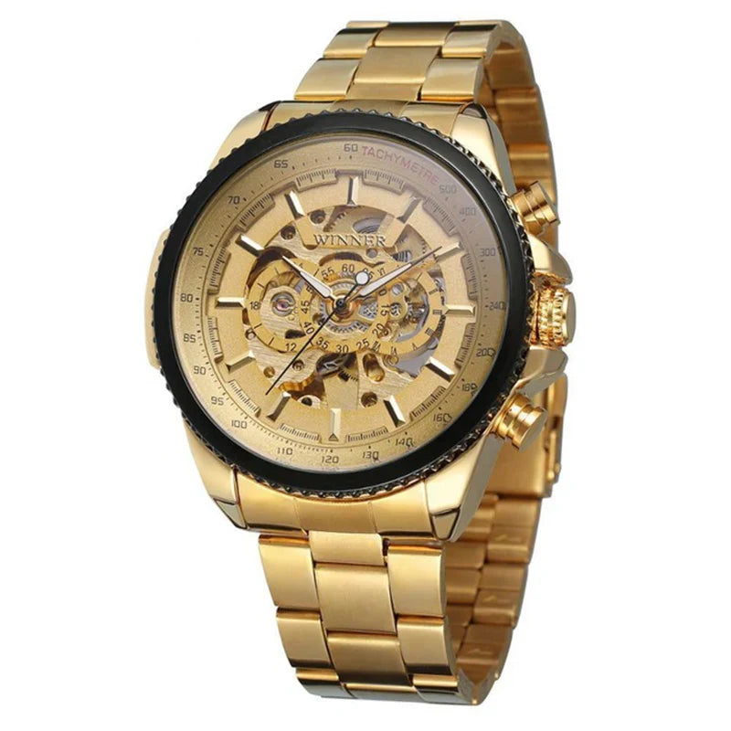 T-Winner Men’s Automatic Mechanical Skeleton Watch – Stainless Steel Band, Roman Dial
