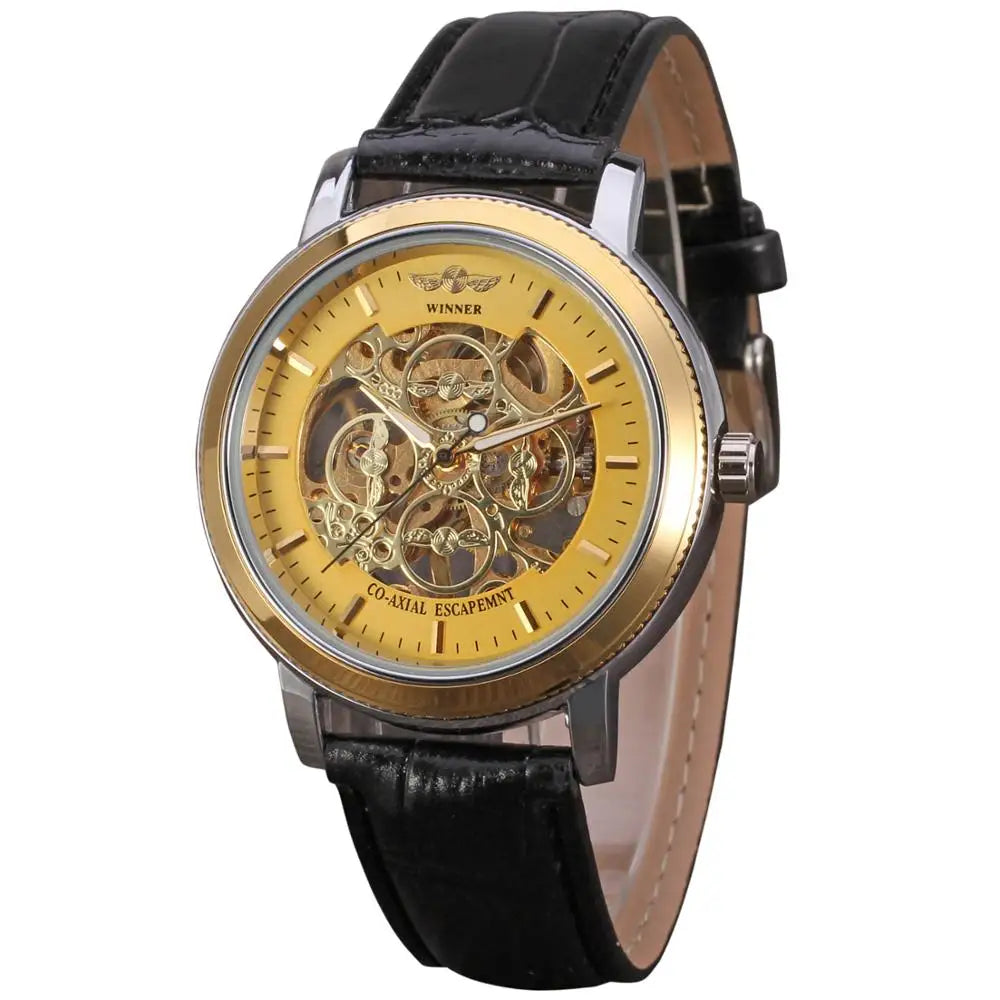 T-Winner Men's Skeleton Mechanical Watch – Leather Strap, Automatic Timepiece