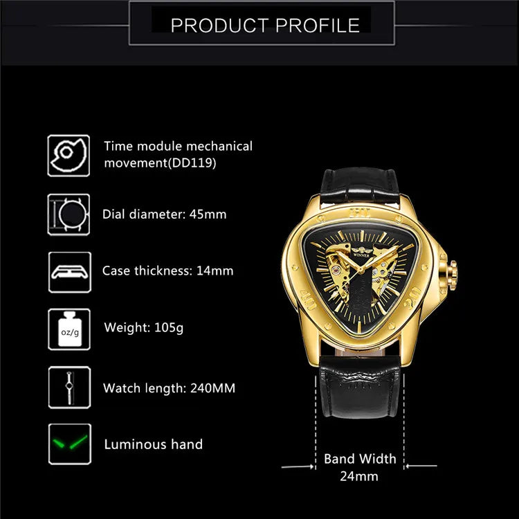 T-Winner Men’s Automatic Mechanical Racing Watch – Triangle Skeleton Leather Strap
