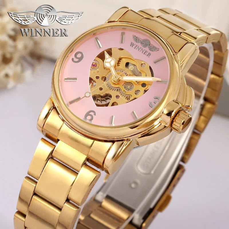 T-Winner Women’s Skeleton Watch – Elegant Heart Design Dial, Stainless Steel Bracelet