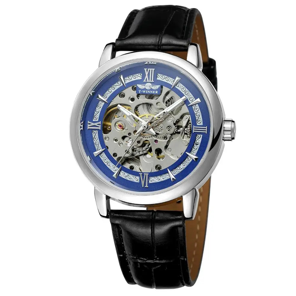 T-Winner Men’s Leather Automatic Mechanical Watch – Full Skeleton Hollow Design
