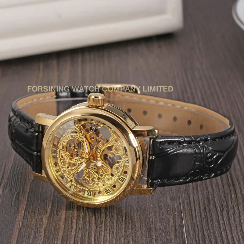 T-Winner Women's Skeleton Watch – Minimalist Leather Strap, Mechanical Timepiece