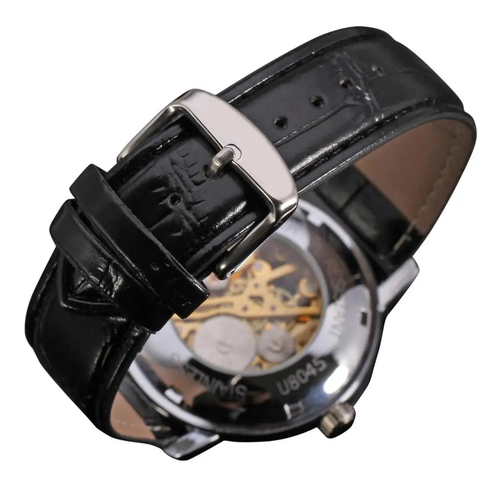 T-Winner Men's Skeleton Mechanical Watch – Leather Strap, Automatic Timepiece