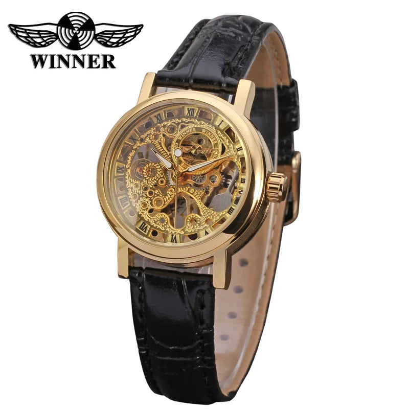 T-Winner Women's Skeleton Watch – Minimalist Leather Strap, Mechanical Timepiece