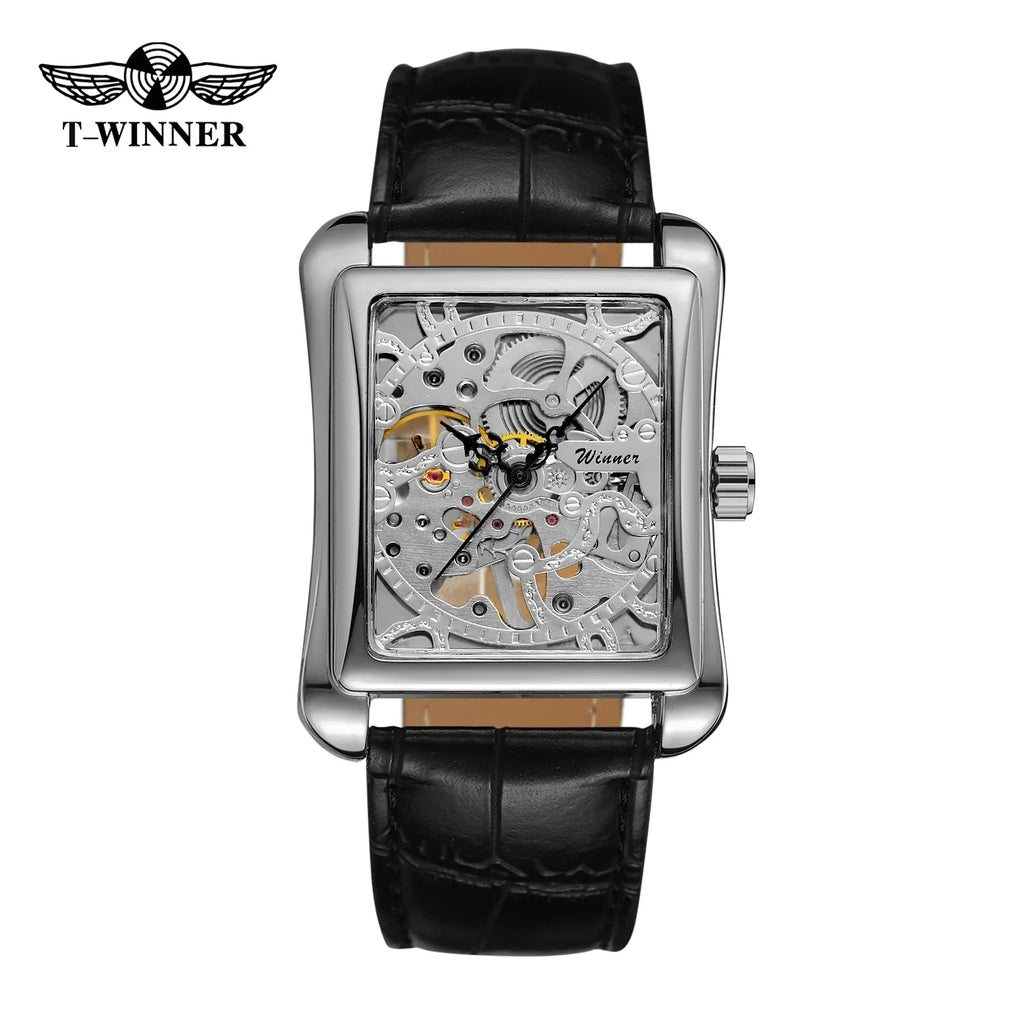 T-Winner Men's Mechanical Watch – Vintage Leather Strap, Rectangle Analog Timepiece