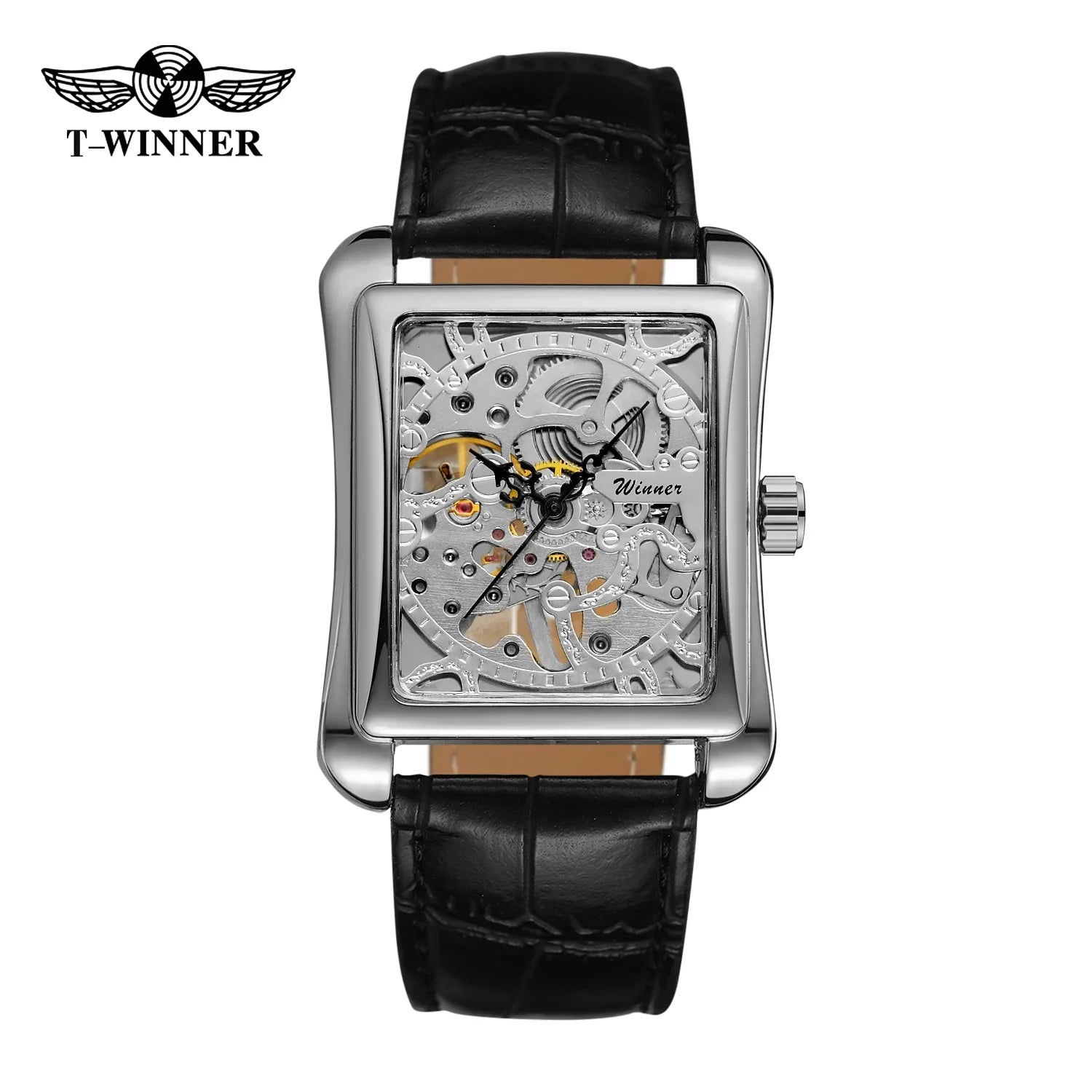 T-Winner Men's Mechanical Watch – Vintage Leather Strap, Rectangle Analog Timepiece