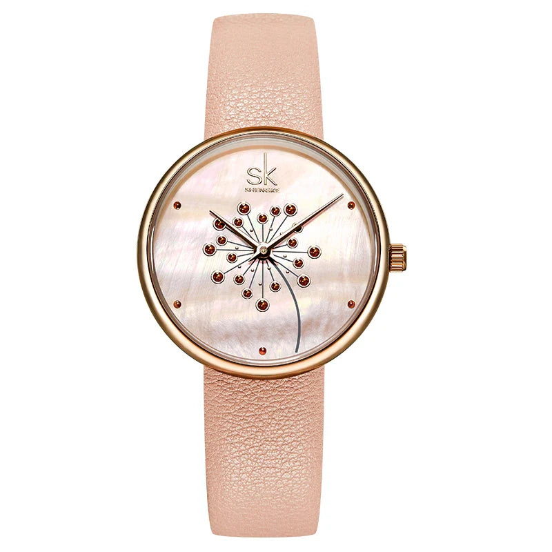 SK Floral Women’s Watch with Leather Strap – Trendy 3ATM Waterproof Timepiece