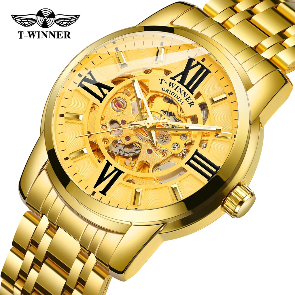 T-Winner Men’s Automatic Mechanical Skeleton Watch – Roman Numeral Stainless Steel
