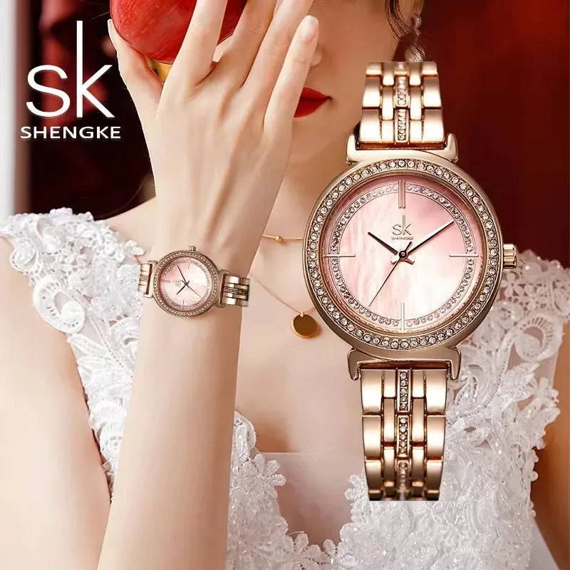 SK Women’s Quartz Watch – Luxury Golden Stainless Steel Strap Analog Timepiece