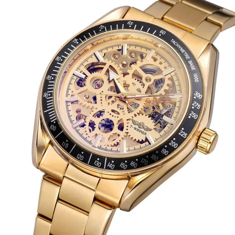 T-Winner Men’s Automatic Mechanical Watch – Stainless Steel Skeleton Wristwatch