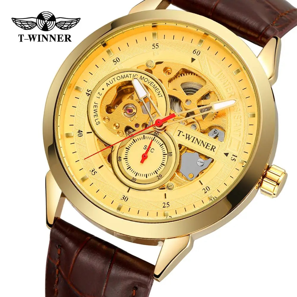 T-WINNER Skeleton Automatic Mechanical Watch for Men – Leather Strap Luxury Timepiece