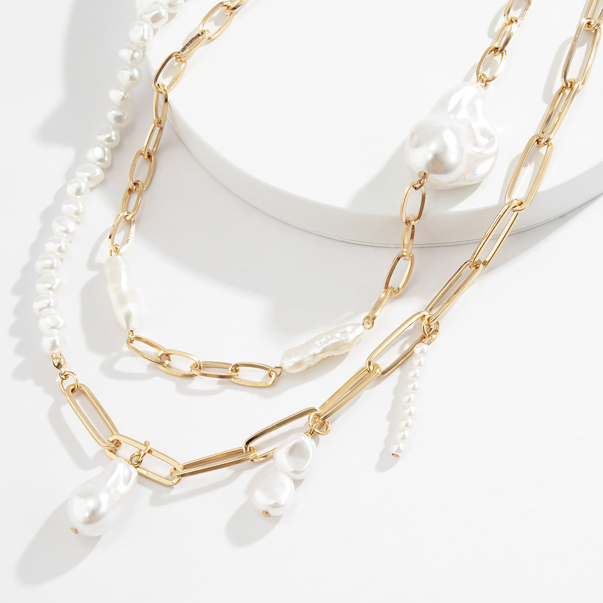 Layered Pearl Chain Necklace – Gold-Tone Irregular Baroque Jewelry for Women