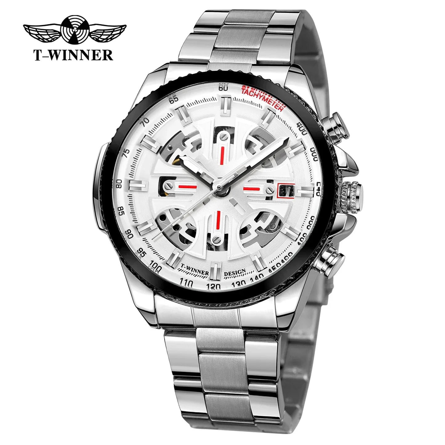 T-Winner Men’s Automatic Tachymeter Watch – Luminous Hollow Dial, Stainless Steel