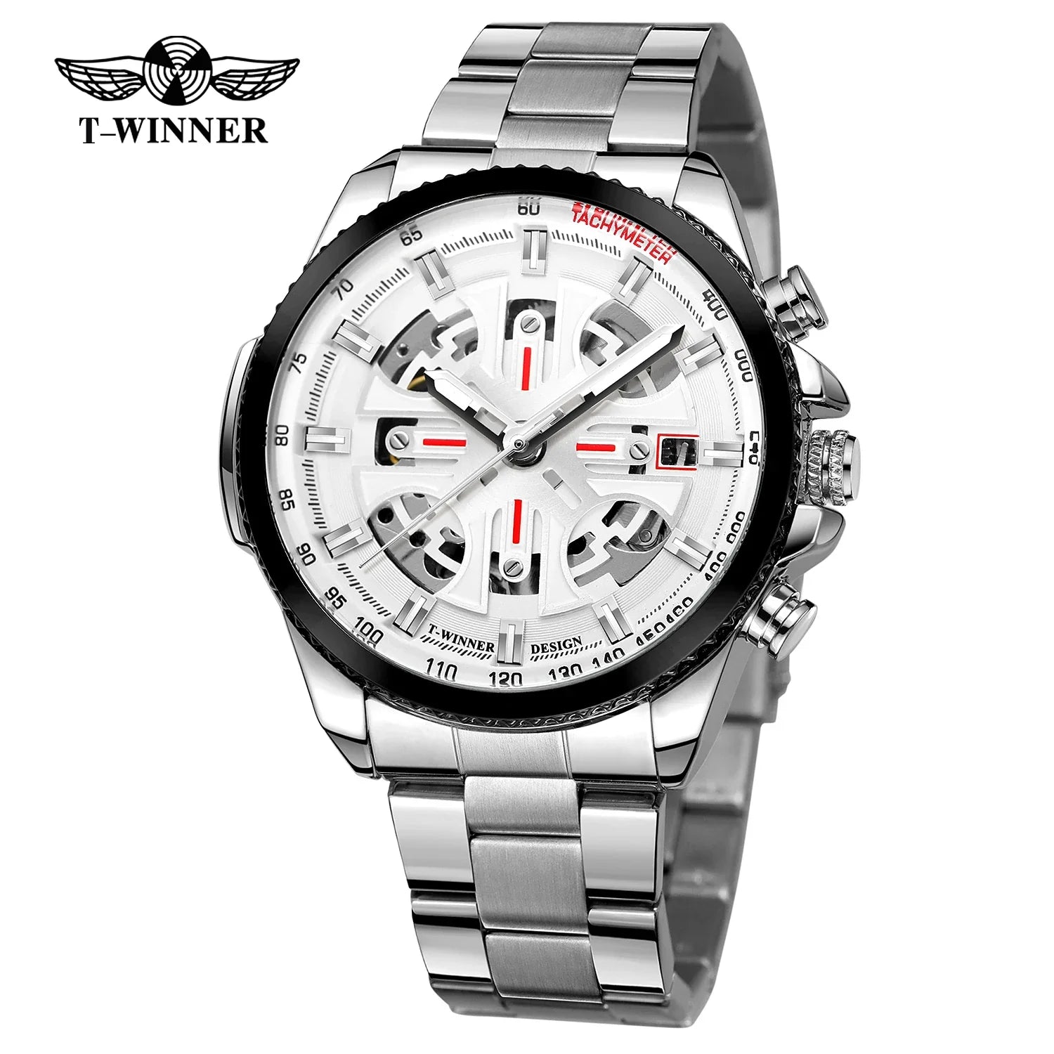 T-Winner Men’s Automatic Tachymeter Watch – Luminous Hollow Dial, Stainless Steel