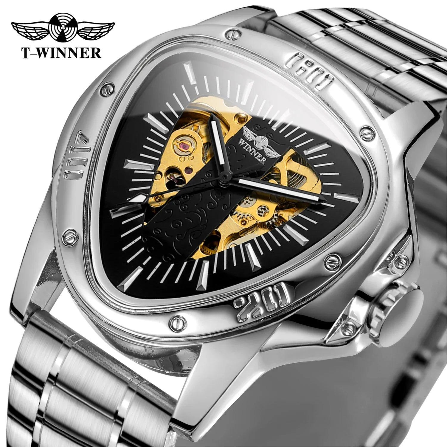 T-Winner Men’s Mechanical Triangle Watch – Luminous Stainless Steel Wristwatch