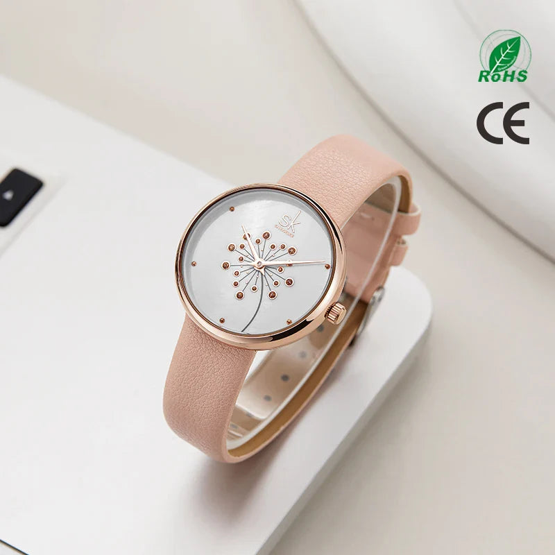 SK Floral Women’s Watch with Leather Strap – Trendy 3ATM Waterproof Timepiece