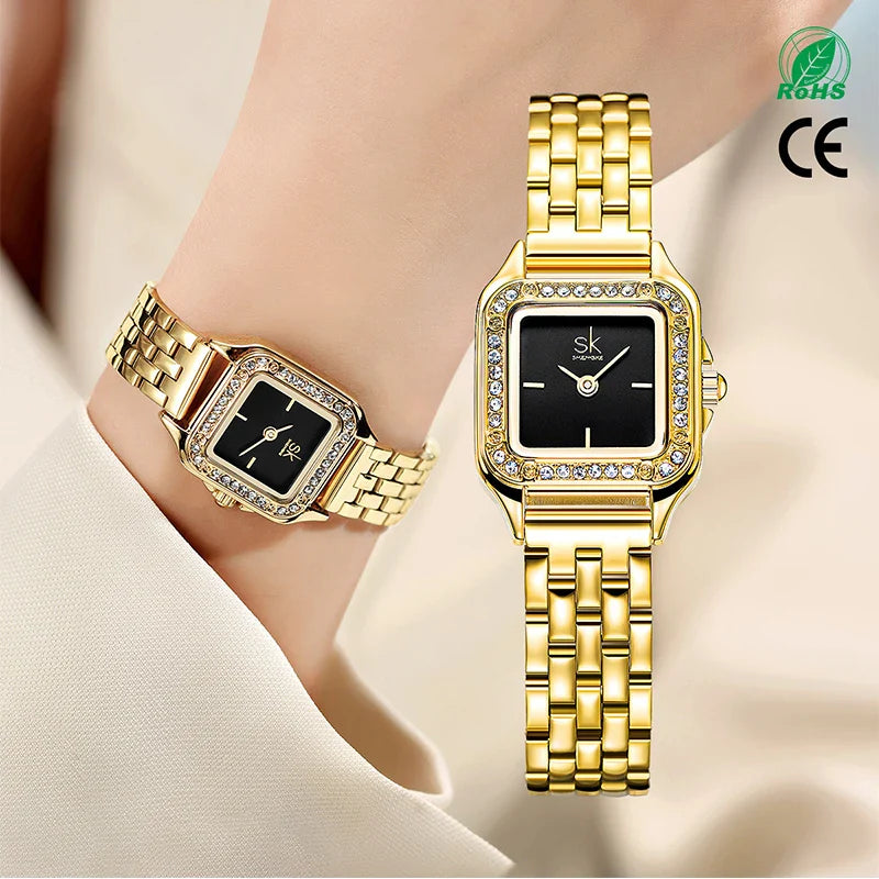 SK Women’s Quartz Watch – Elegant Square Dial with Diamond Accents, Stainless Steel Band