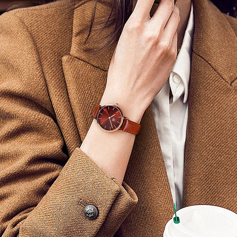 SK Women’s Quartz Watch – Cute Shell Dial, Leather Strap, 32MM Waterproof Wristwatch