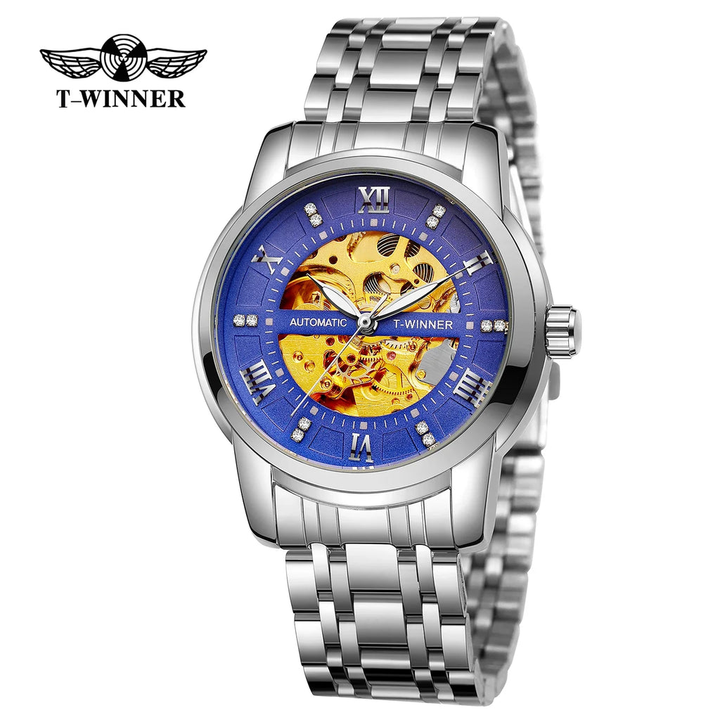 T-WINNER Men’s Mechanical Watch – Luminous Transparent Dial Stainless Steel Band