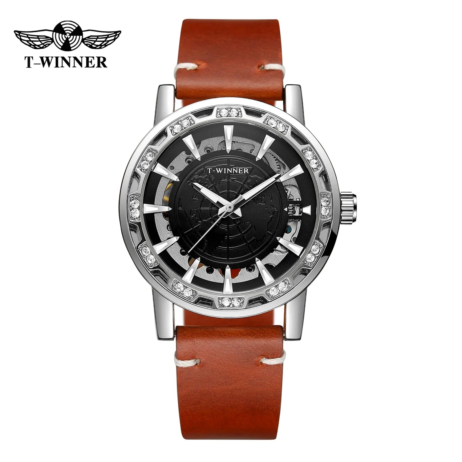 T-Winner Men’s Skeleton Mechanical Watch – Luminous Leather Strap Automatic Timepiece