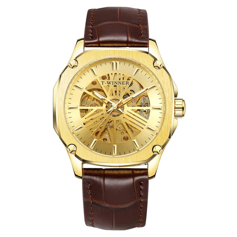 T-Winner Men’s Automatic Mechanical Watch – Leather Strap Hollow Flywheel Design