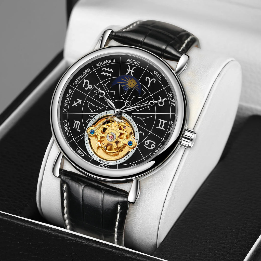 T-Winner Men’s Moon Phase Automatic Watch – Leather Strap Mechanical Dive Wristwatch