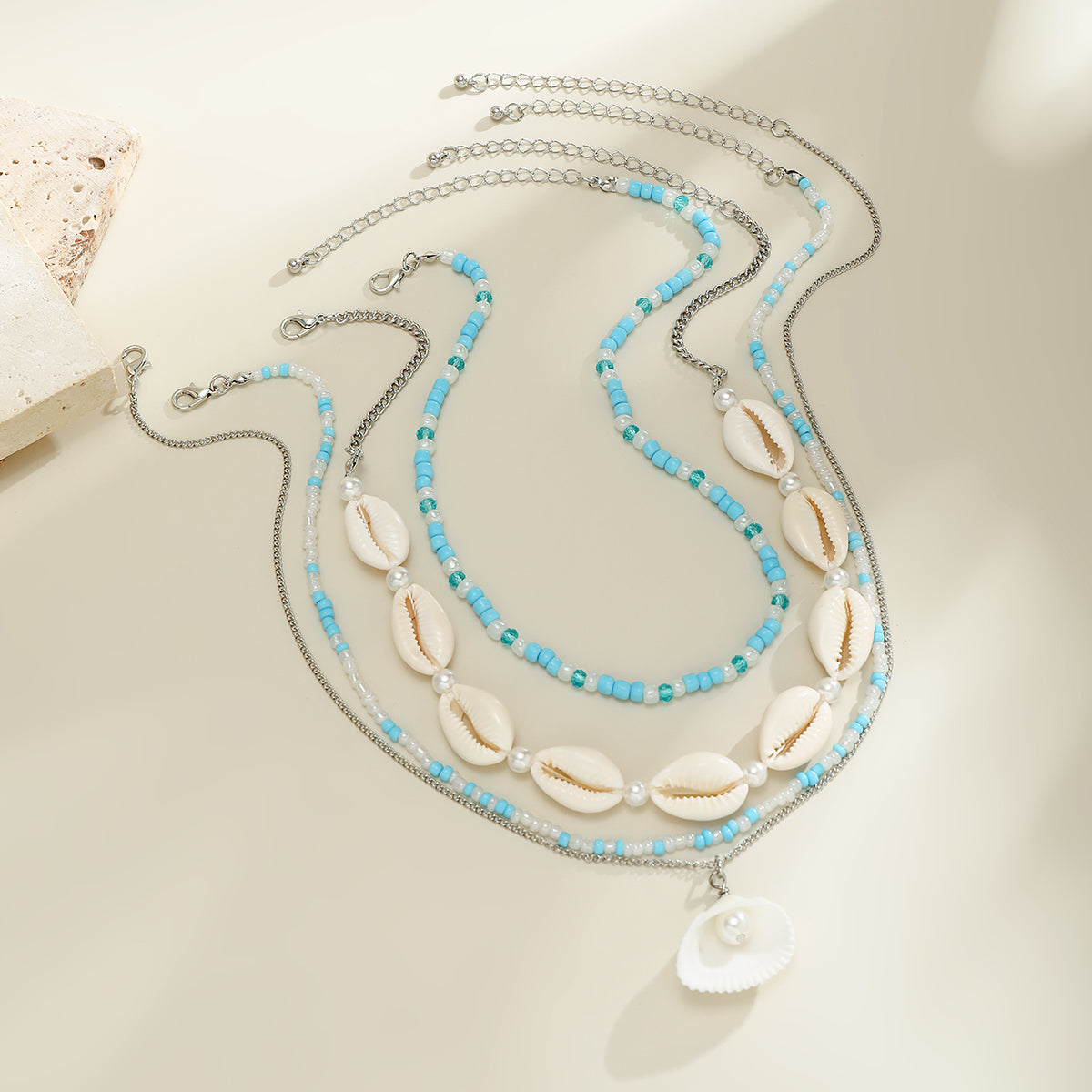 Blue Shell Harmony Dual Bead Necklace for Women – Fashionable Alloy Jewelry